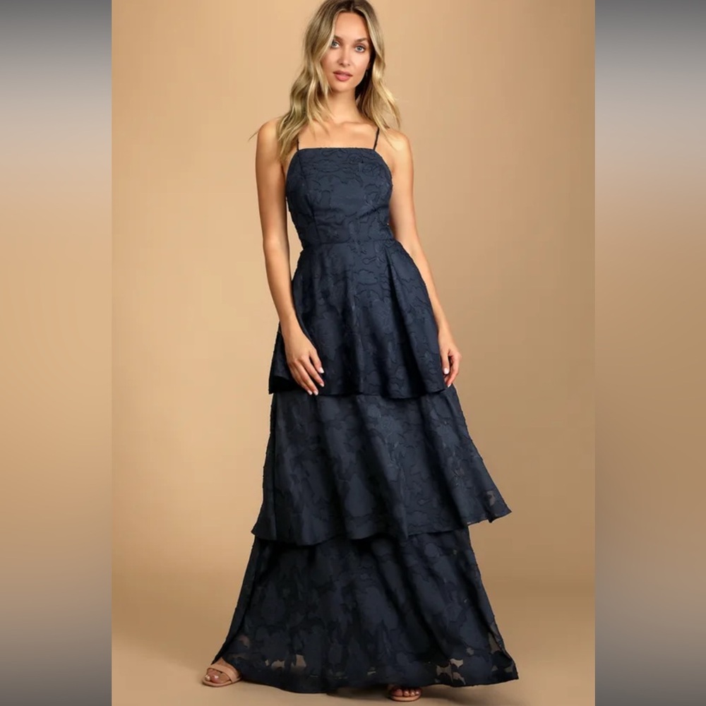 Navy Blue Open back Tiered Maxi Dress